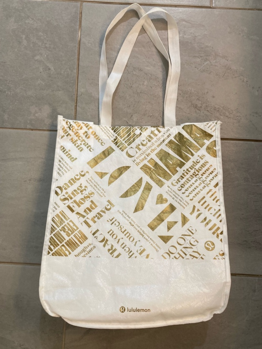 Lululemon White and Gold Reusable Tote Bag